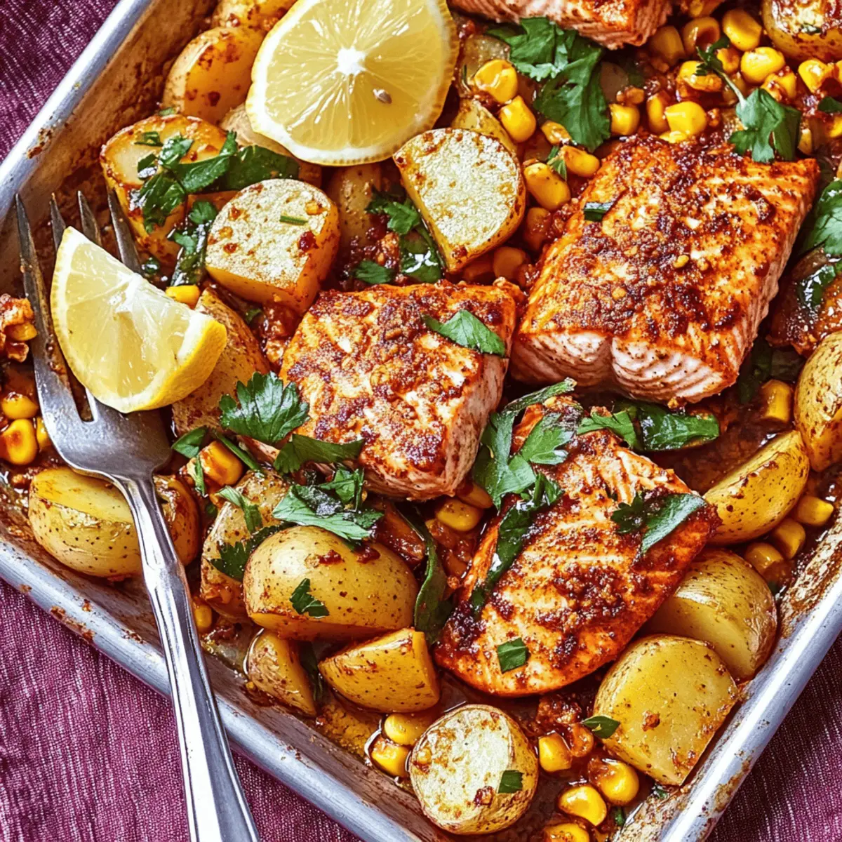 Delicious Spiced Salmon With Potatoes and Corn Sheet Pan Charm
