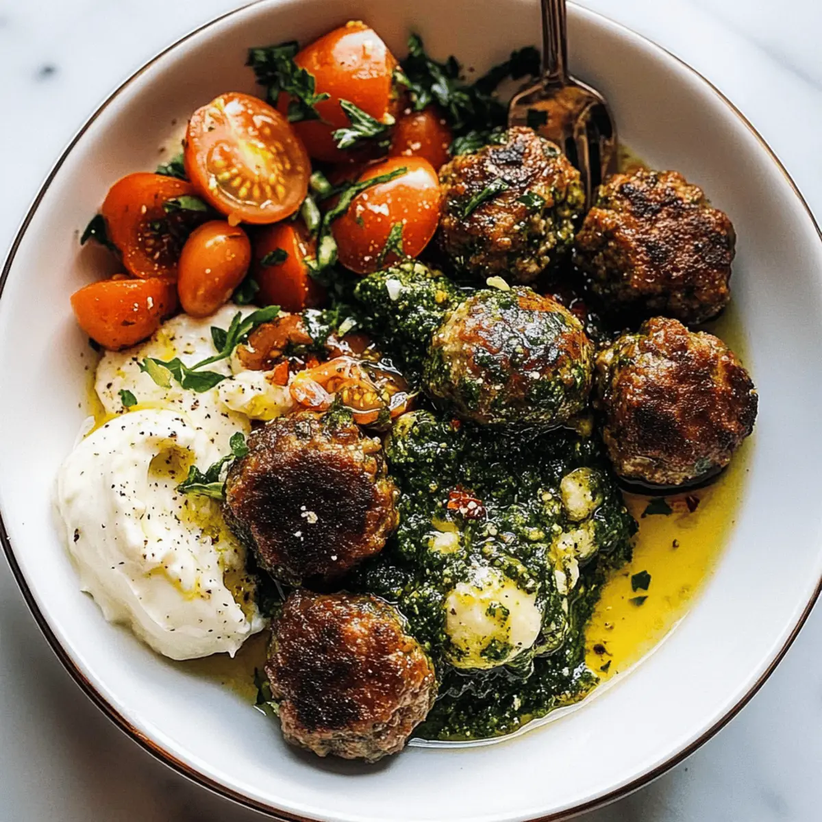 Sheet Pan Meatballs with Tomato Salad and Green Sauce