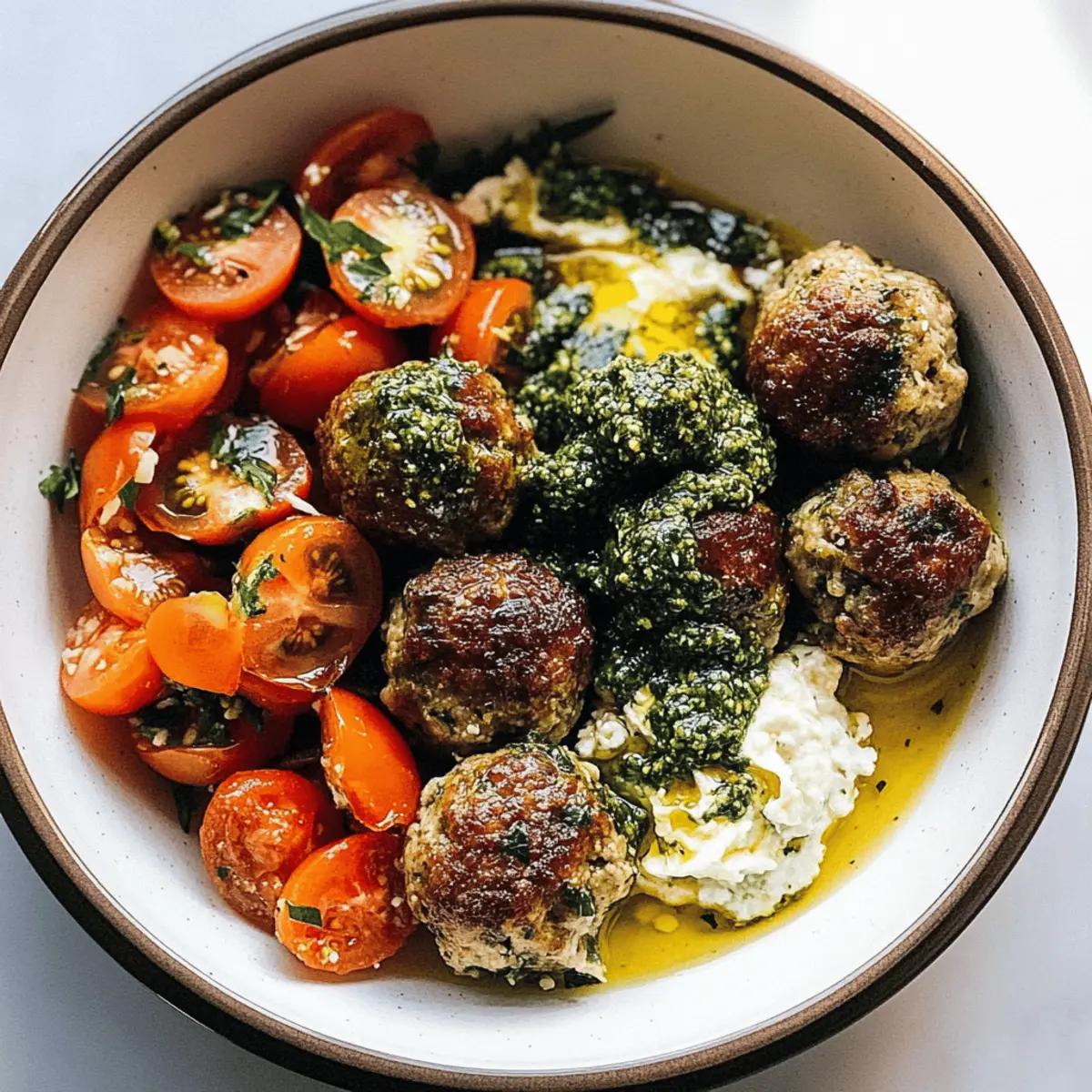 Delicious Sheet Pan Meatballs with Tomato Salad and Green Sauce