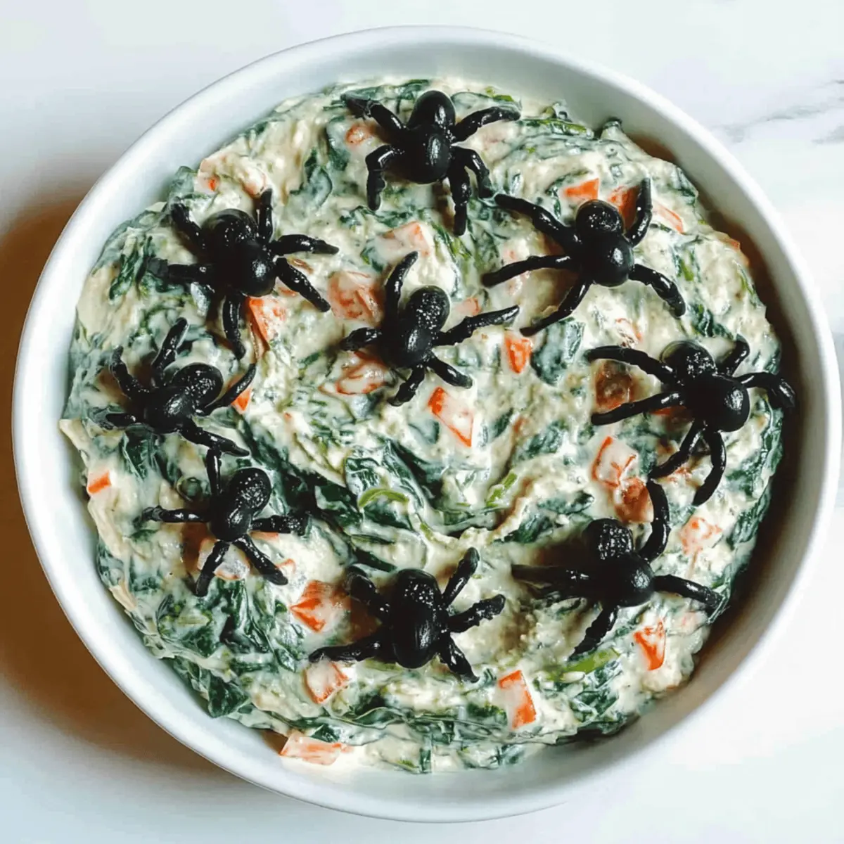 Spooky Halloween Spinach Dip with Fun Olive Spiders