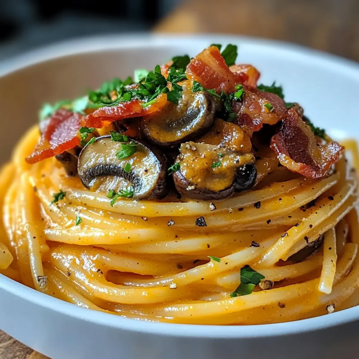 Creamy Pumpkin & Mushroom Spaghetti with Crispy Bacon Delight