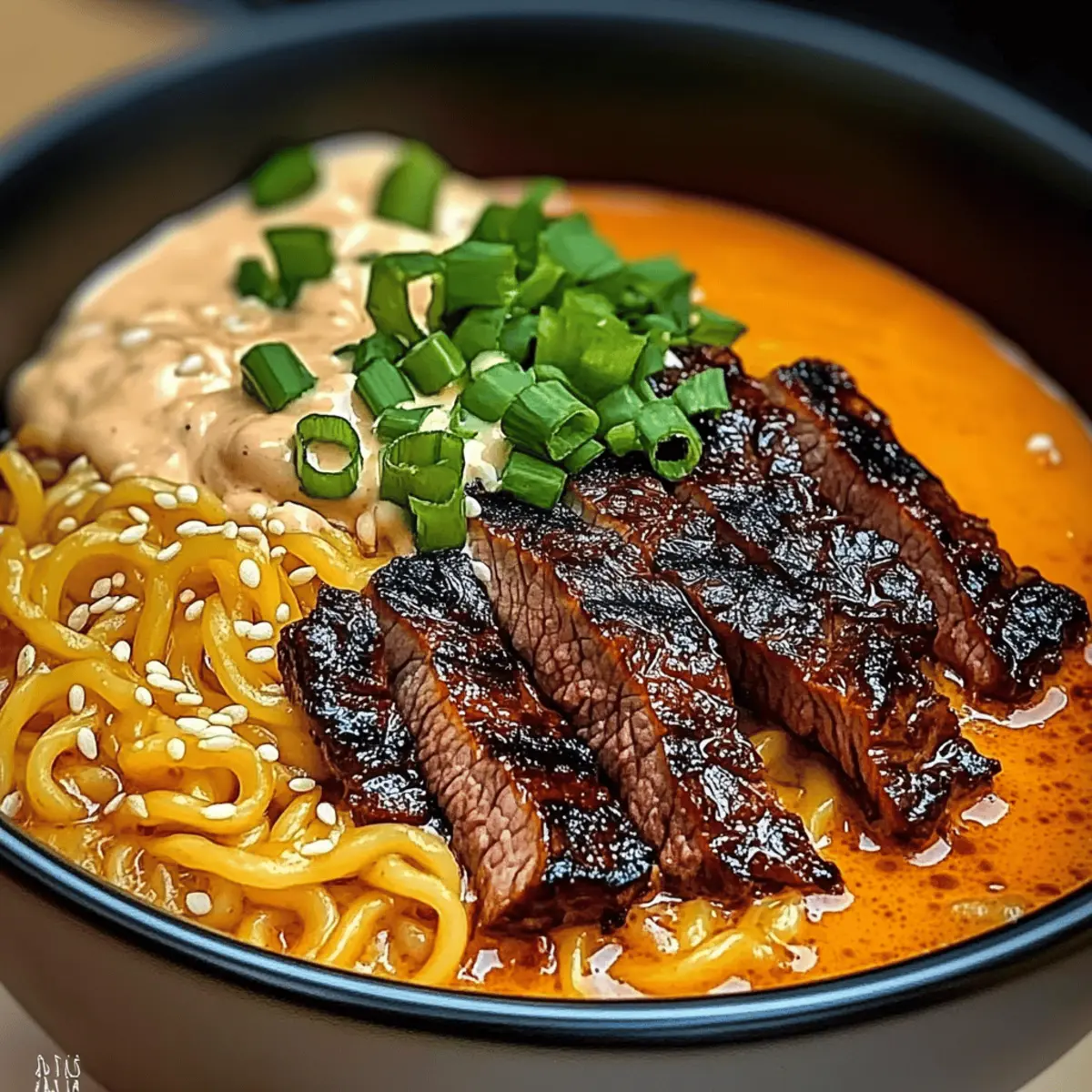 Irresistible Spicy Korean Ramen with Grilled Beef & Creamy Sauce