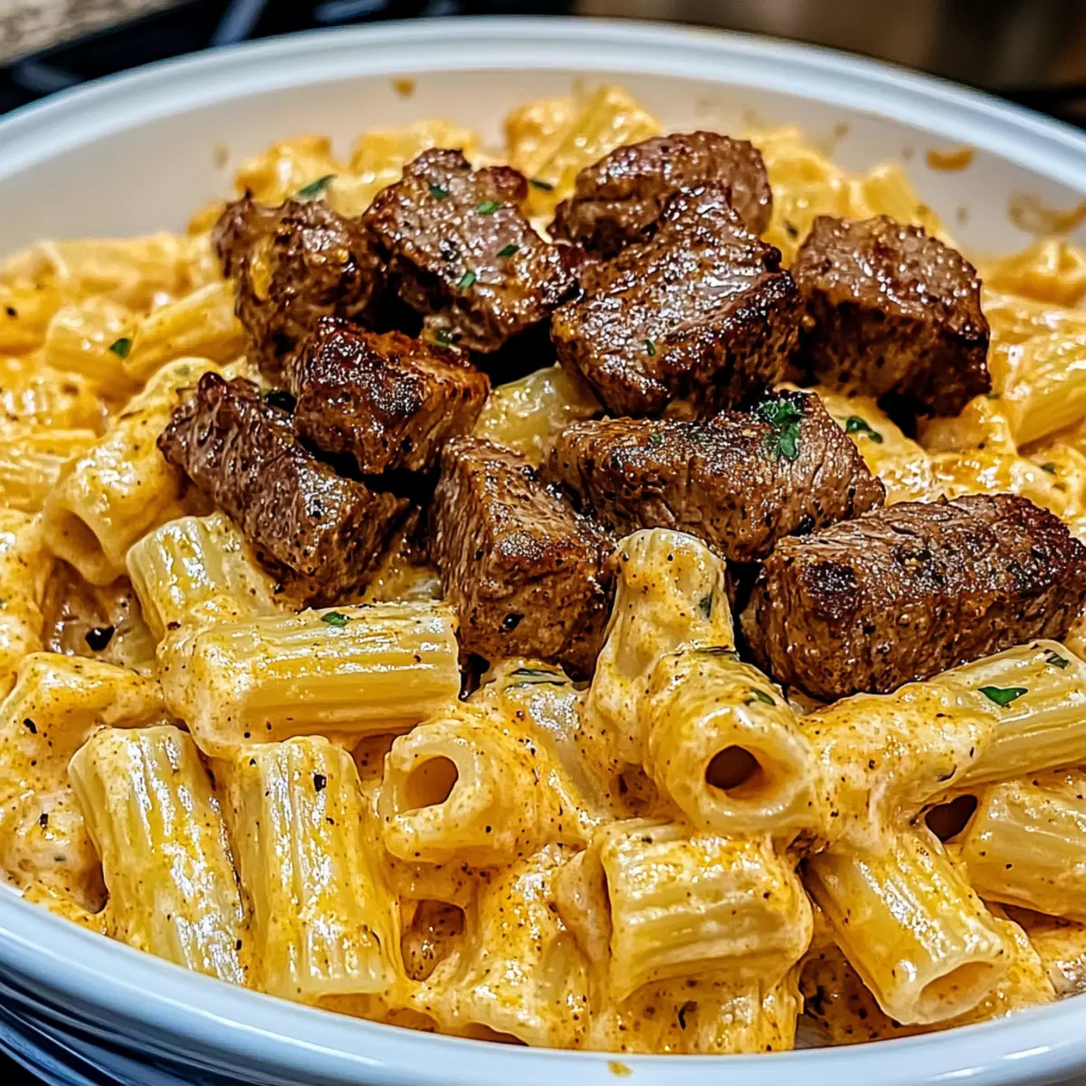 Cajun Steak Tips in Cheesy Rigatoni Parmesan Sauce Bliss