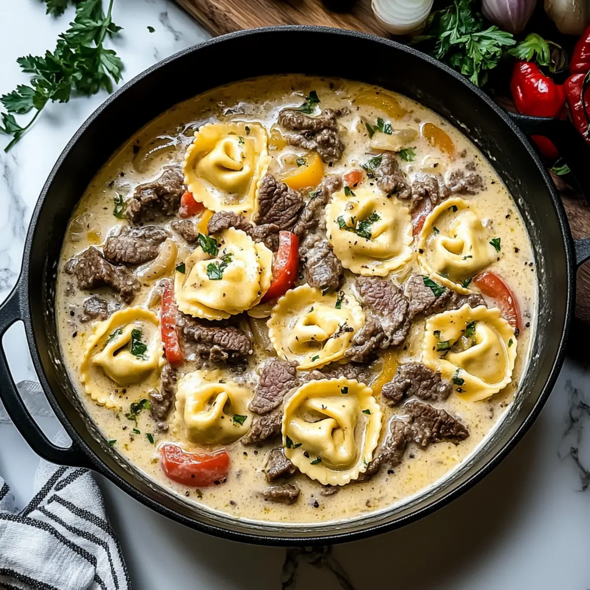 Cheesesteak Tortellini in Creamy Provolone Sauce Bliss