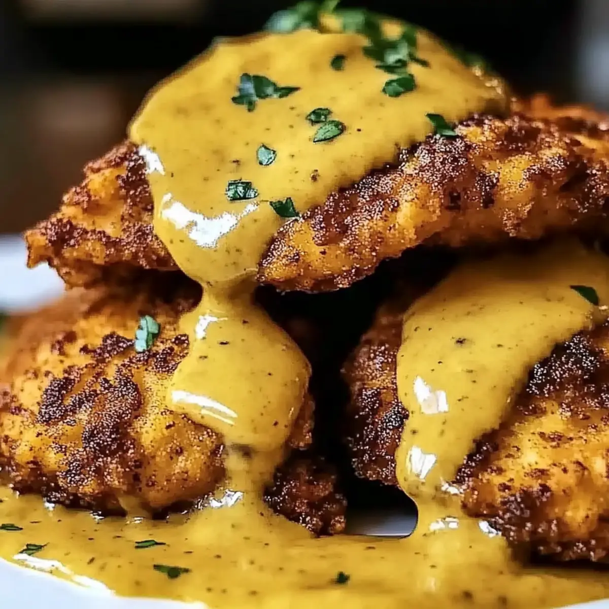 Crispy Pretzel Chicken with Mustard-Cheddar Sauce Delight