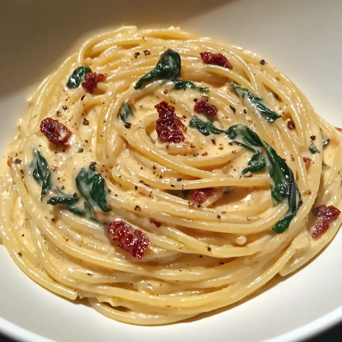 Creamy Spaghetti & Spinach with Sun-Dried Tomato Sauce Delight
