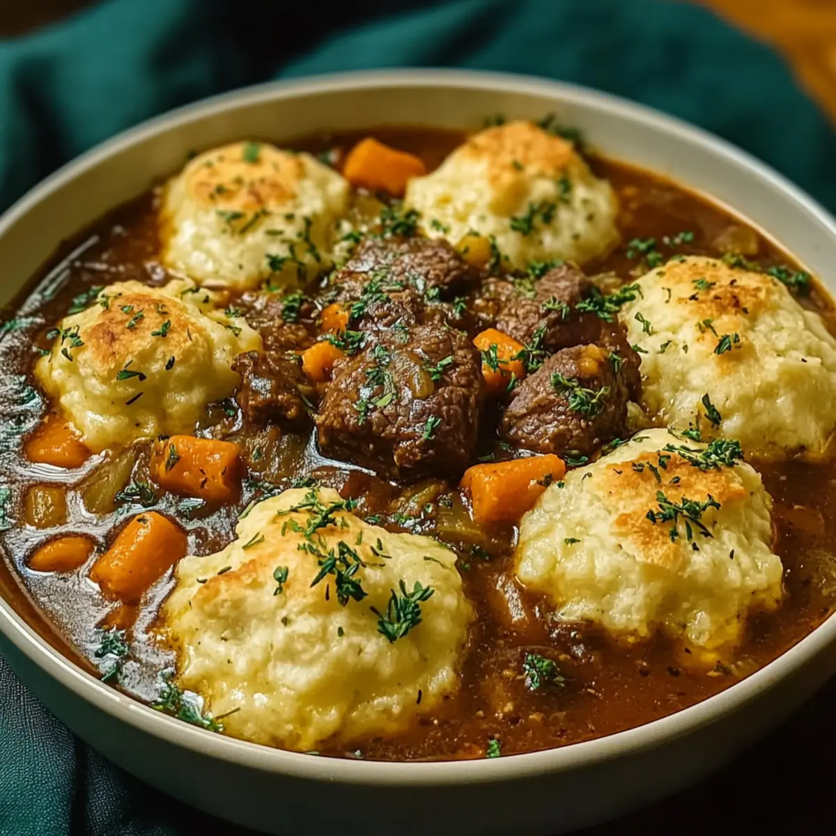 Hearty Beef Stew with Cheddar Herb Dumplings for Cozy Nights