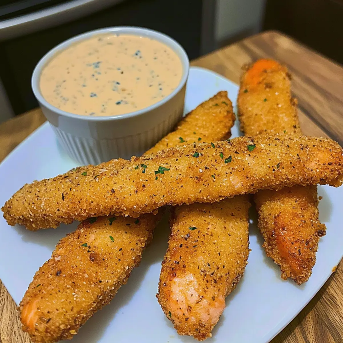 Crispy Fried Lemon Pepper Salmon Sticks with Zesty Blue Cheese Sauce