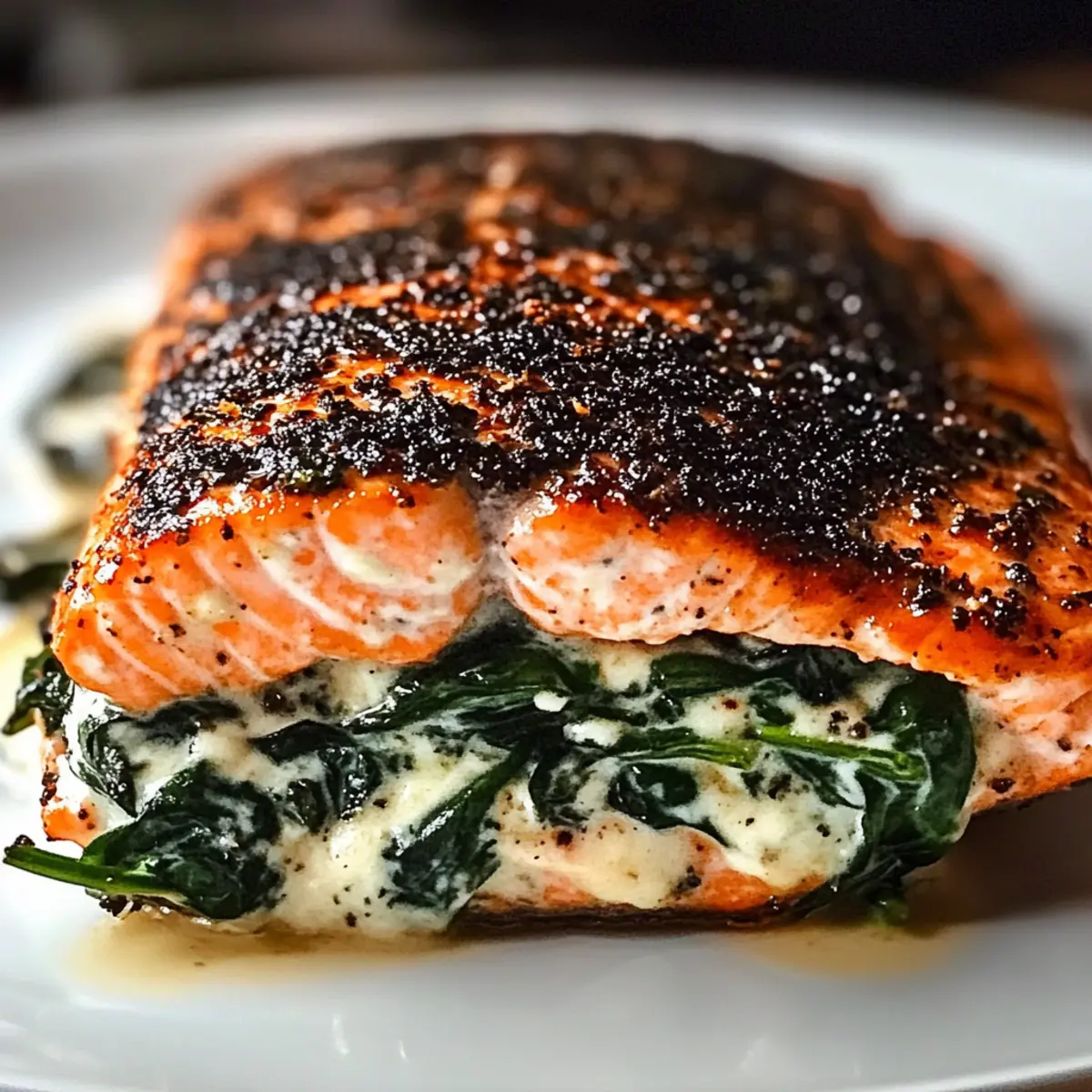 Blackened Salmon Stuffed with Spinach & Parmesan Delight