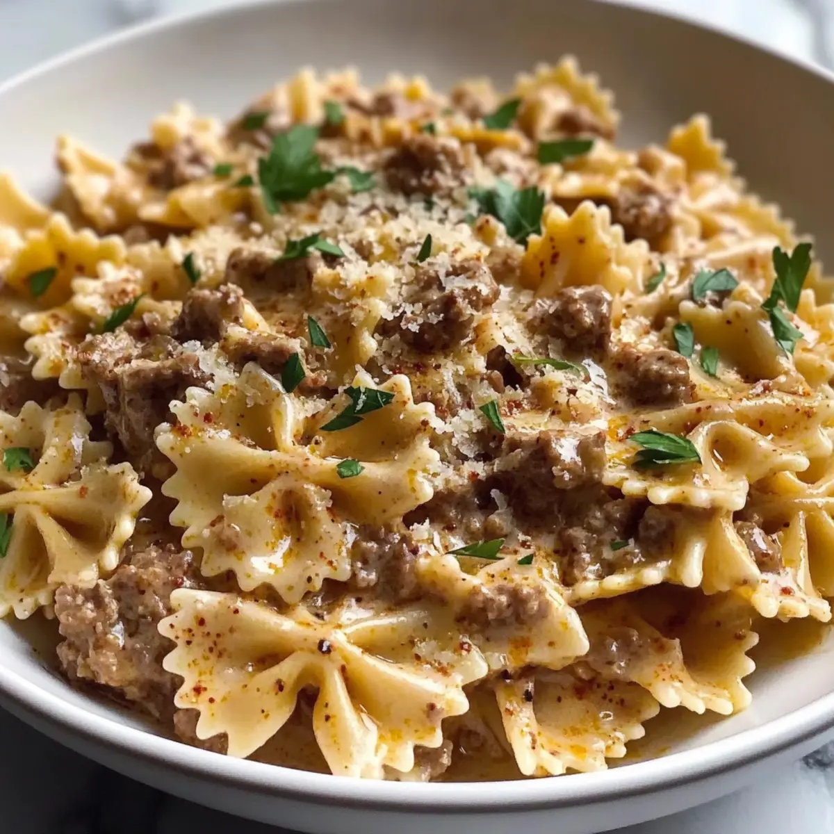 Creamy Parmesan Garlic Beef Bowtie Pasta: Comfort in Every Bite