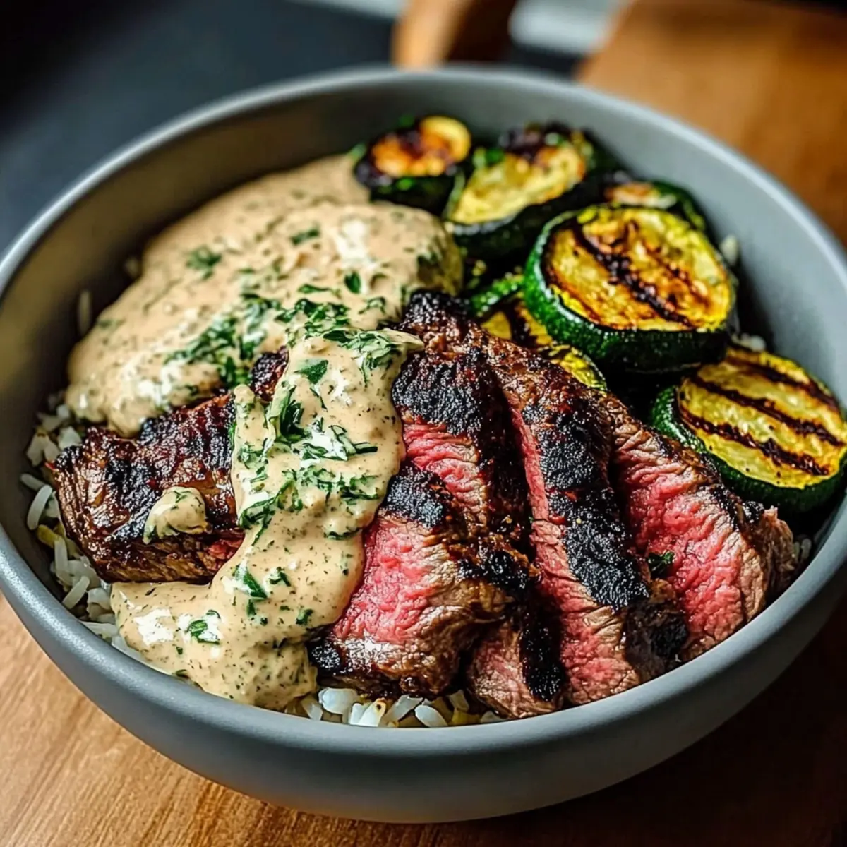 Grilled Steak Bowl with Sauce & Grilled Zucchini Delight