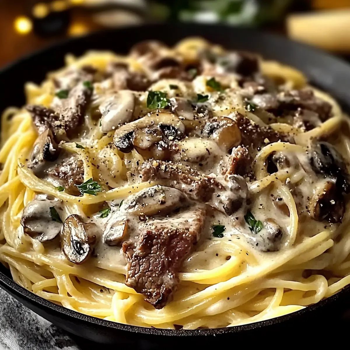 Indulge in Steak Alfredo Spaghetti with Mushrooms Tonight