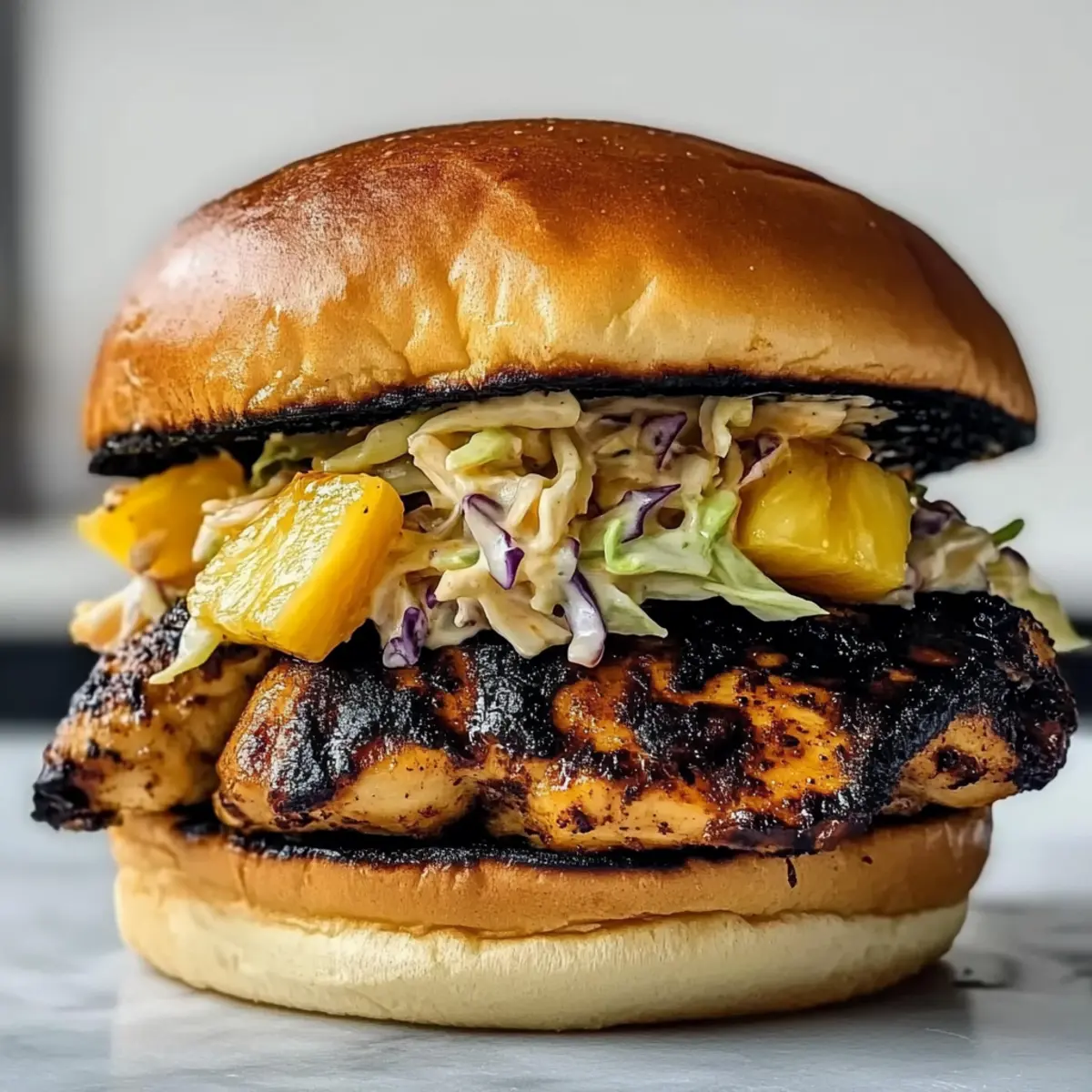 Jerk Chicken Sandwich with Grilled Pineapple and Crunchy Coleslaw