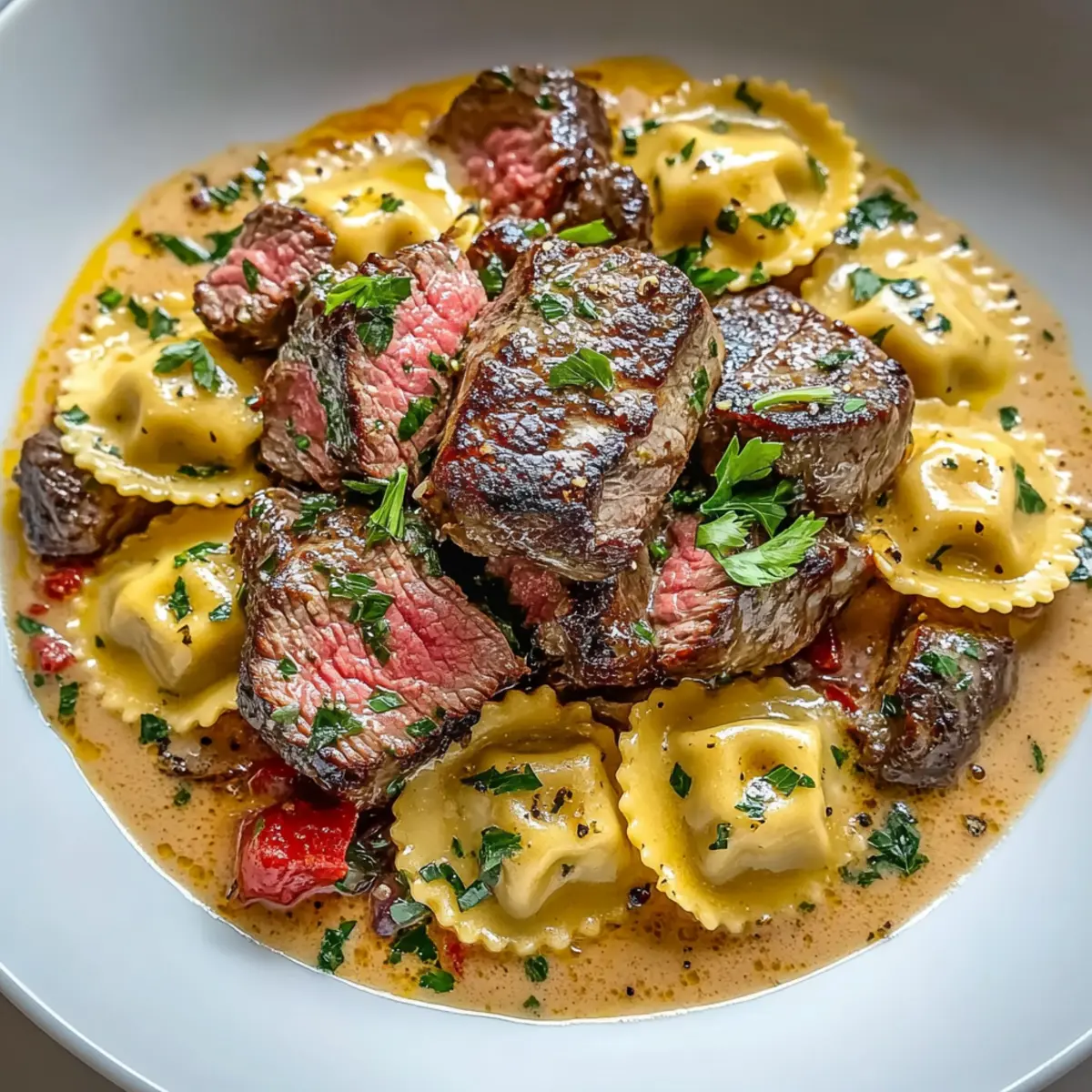 Steak and Ravioli with Creamy Garlic Herb Sauce in 30 Mins