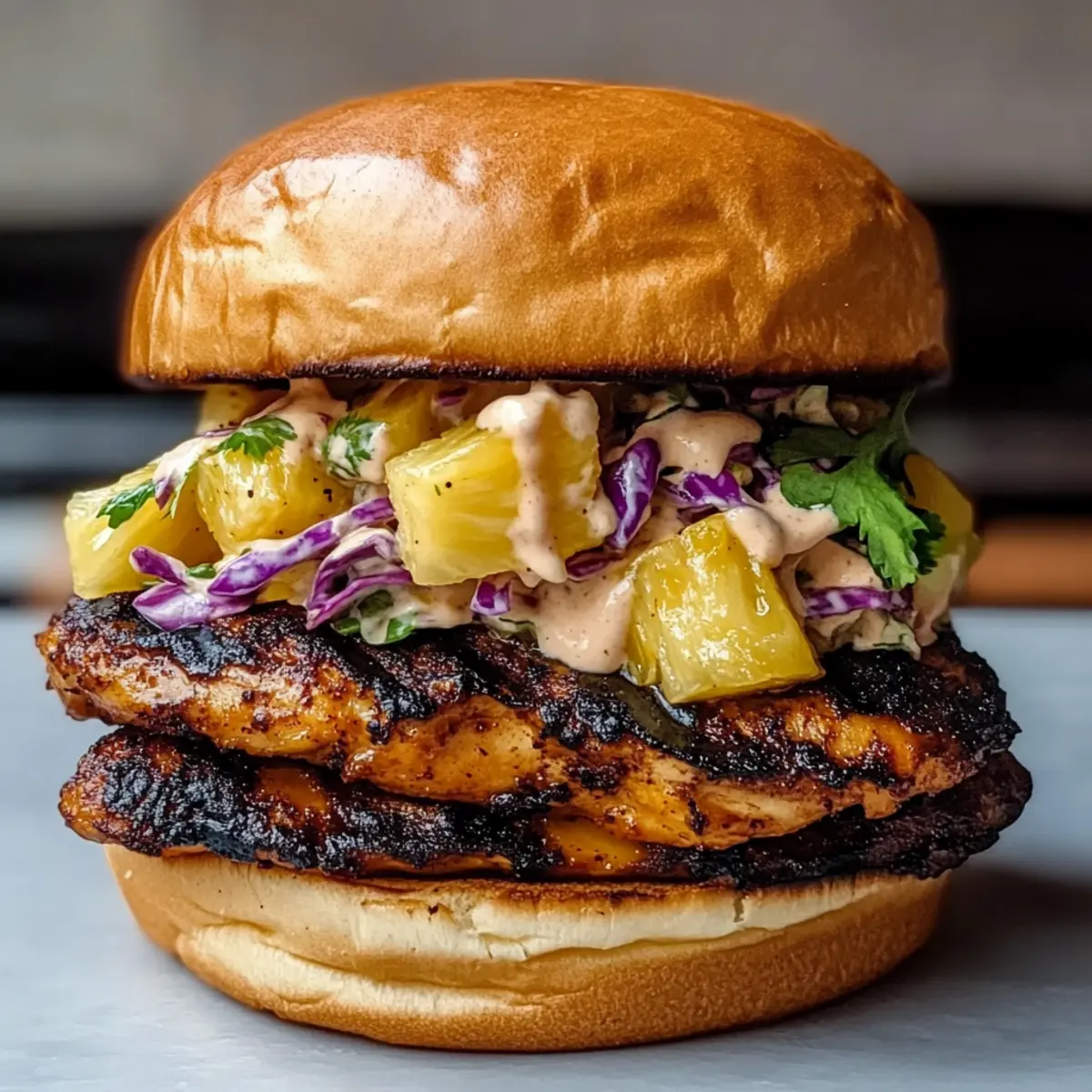 Jerk Chicken Sandwich with Grilled Pineapple and Creamy Coleslaw
